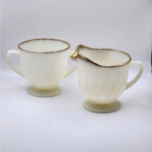 Fire-King Oven Ware Milk Glass Swirl Sugar Bowl & Creamer Gold Trim made in USA